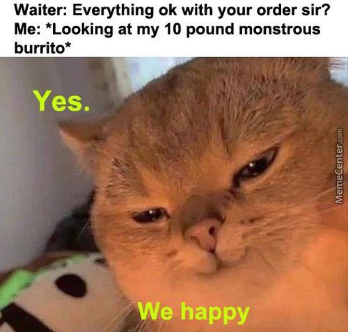 Waiter: Everything 0k With Your Order Sir?
Me: *Looking At My 10 Pound Monstrous
Burrito*
Yes.
We Happy
