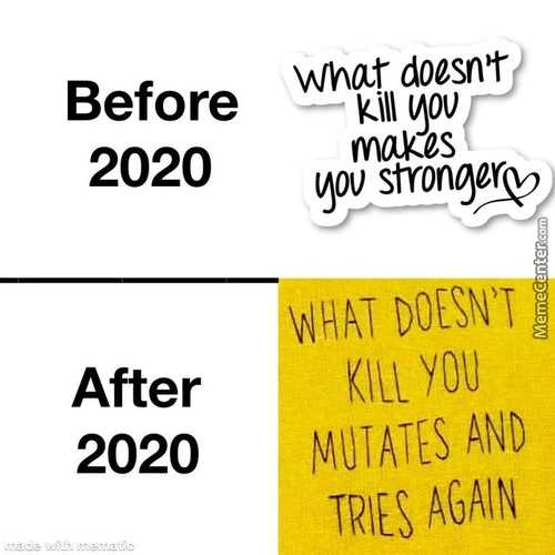 Before What Doesnt
Kill Gov
2020 Makes
After
2020
Gov Strongeß,
Kill YOU
MUTATES AND
TRIES AGAIN

