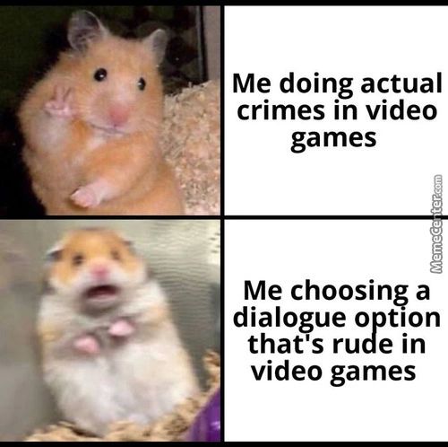 Me Doing Actual
Crimes In Video
Games
Me Choosing A
Dialogue Option
That's Rude In
Video Games
