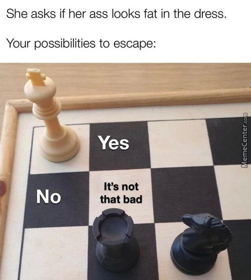 She Asks If Her Ass Looks Fat In The Dress.
Your Possibilities To Escape:
No
It's Not
That Bad
