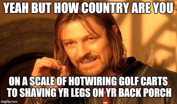 YEAH BUT HOW Couny ARE YOU,'
ON A SCALEOF HOTWIRING GOLF CARTS
TO SHÄVING LEGS ON BACK PORCH
Imgflillcom
