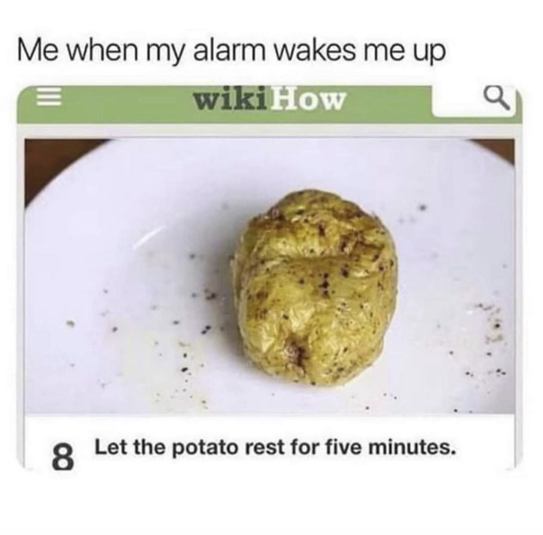 Me When My Alarm Wakes Me Up
Let The Potato Rest For Five Minutes.
