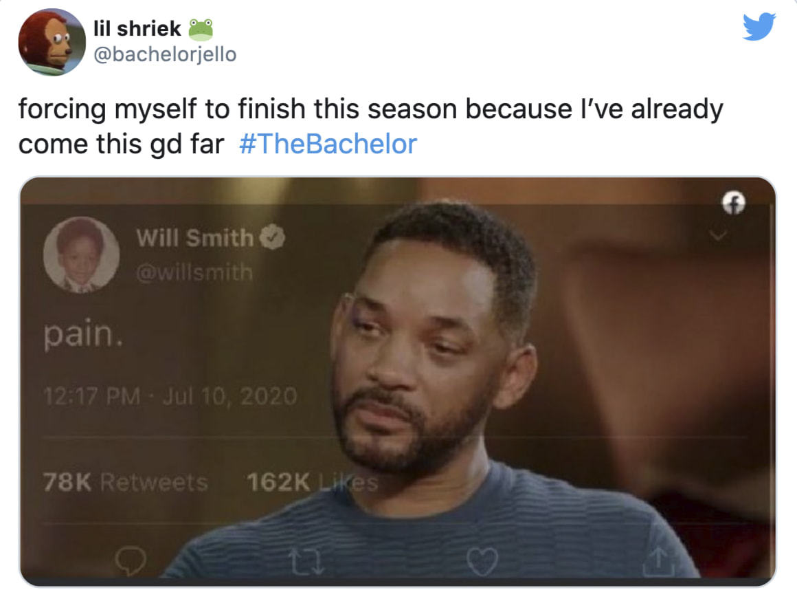Lil Shriek
@bachelorjello
Forcing Myself To Finish This Season Because I've Already
Come This Gd Far
#TheBachelor
Will Smith
Pain.
78K
