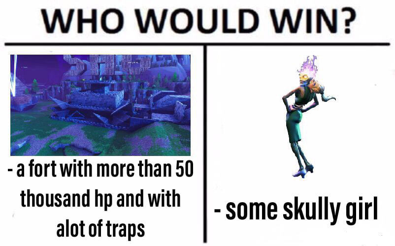 WHO WOULD WIN?
- A Fort With More Than 50
Thousand Hp And With
Alot Of Traps
- Some Skully Girl
