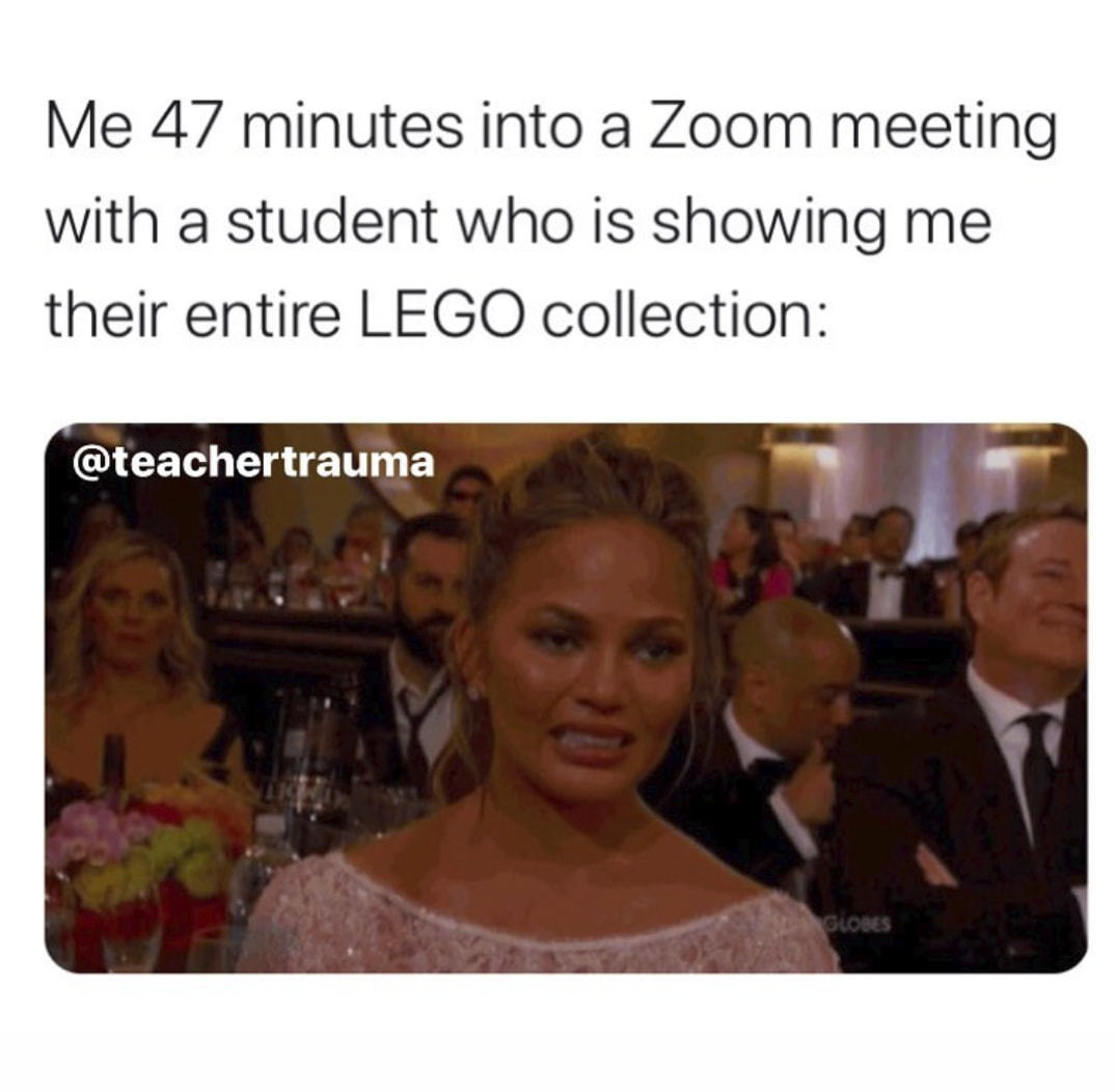 Me 47 Minutes Into A Zoom Meeting
With A Student Who Is Showing Me
Their Entire LEGO Collection:
@teachertrauma
