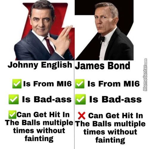 Johnny English James Bond
Is From M16
Is From M16
Is Bad-ass
Is Bad-ass
Can Get Hit In
X
Can Get Hit In
The Balls Multiple The Balls Multiple
Times Without
Fainting
Times Without
Fainting
