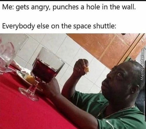 Me: Gets Angry, Punches A Hole In The Wall.
Everybody Else On The Space Shuttle:
