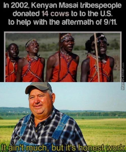 2002, Kenyan Masai Trbespeople
Donated 14 Cows To To The U.S.
To Help With The Aftermath Of 9/tt
{It Air$Cmuph, ButÄihYnq'st Work,
