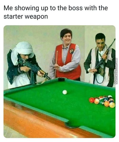 Me Showing Up To The Boss With The
Starter Weapon
