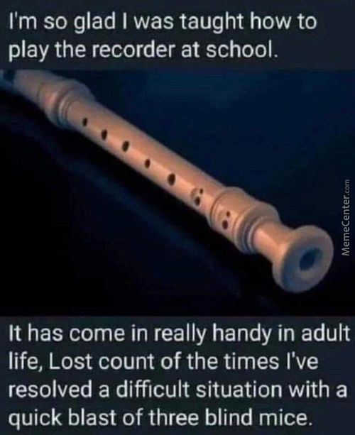I'm So Glad I Was Taught How To
Play The Recorder At School.
It Has Come In Really Handy In Adult
Life, Lost Count Of The Times I've
Resolved A Difficult Situation With A
Quick Blast Of Three Blind Mice.
