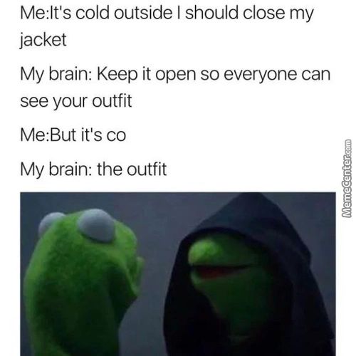 Me:lt's Cold Outside I Should Close My
Jacket
My Brain: Keep It Open So Everyone Can
See Your Outfit
Me:But It's Co
My Brain: The Outfit
