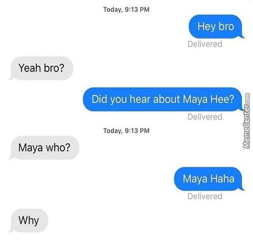 Today, 9:13 PM
Hey Bro
Delivered
Yeah Bro?
Did You Hear About Maya Hee?
Delivered
Today, 9:13 PM
Maya Who?
Maya Haha
Delivered
Why
