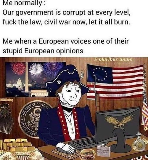 Me Normally :
Our Government Is Corrupt At Every Level,
Fuck The Law, Civil War Now, Let It All Burn.
Me When A European Voices One Of Their
Stupid European Opinions
P!ugibuszypum,
