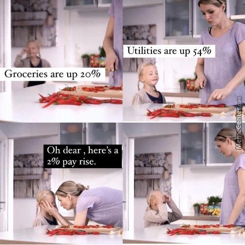 Utilities Are Up 54%
Groceries Are Up 20%
Oh Dear , Here's A
2% Pay Rise.
