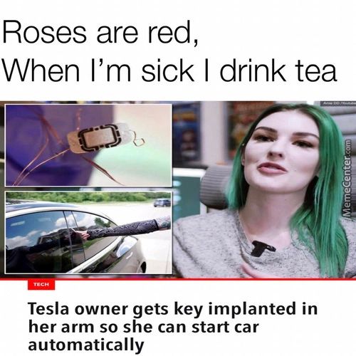 Roses Are Red,
When I'm Sick I Drink Tea
Tesla Owner Gets Key Implanted In
Her Arm So She Can Start Car
Automatically
