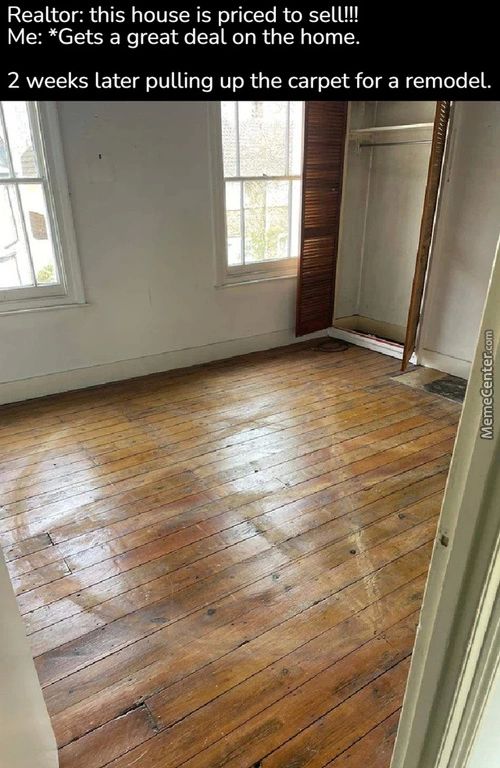 Realtor: This House Is Priced To Sell!!!
Me: *Gets A Great Deal On The Home.
2 Weeks Later Pulling Up The Carpet For A Remodel.
