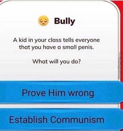 Bully
A Kid In Your Class Tells Everyone
That You Have A Small Penis.
What Will You Do?
Prove Him Wrong
Establish Communism
