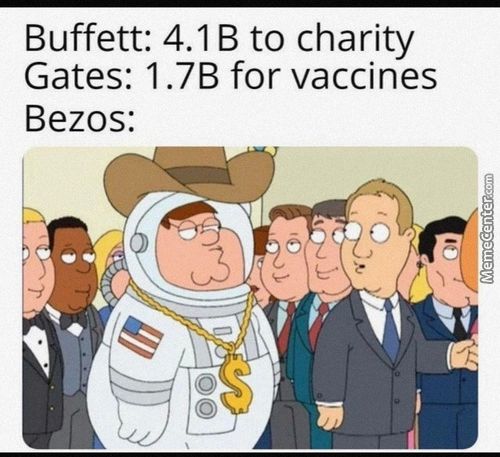 Buffett: 4.1 B To Charity
Gates: 1.7B For Vaccines
Bezos:
