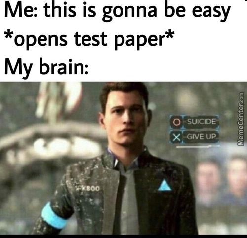 Me: This Is Gonna Be Easy
*opens Test Paper*
My Brain:
O SUICIDE
