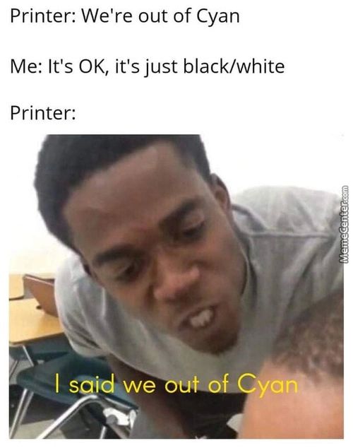Printer: We're Out Of Cyan
Me: It's 0K, It's Just Black/white
Printer:
We
Yanv
