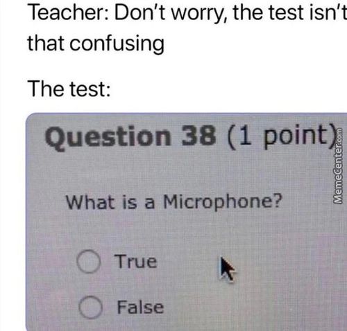 Teacher: Don't Worry, The Test Isn't
That Confusing
The Test:
Question 38 (1 Point
What Is A Microphone?
C) True
C) False
