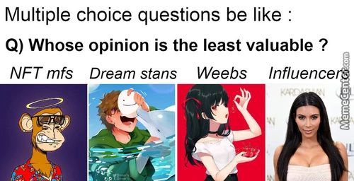 Multiple Choice Questions Be Like .
Q) Whose Opinion Is The Least Valuable ?
NFT Mfs Dream Stans Weebs Influence
