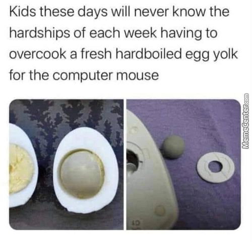 Kids These Days Will Never Know The
Hardships Of Each Week Having To
Overcook A Fresh Hardboiled Egg Yolk
For The Computer Mouse
