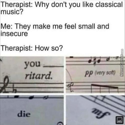 Therapist: Why Don't You Like Classical
Music?
Me: They Make Me Feel Small And
Insecure
Therapist: How So?
You
Ritard.
Die
Pp (very Som
