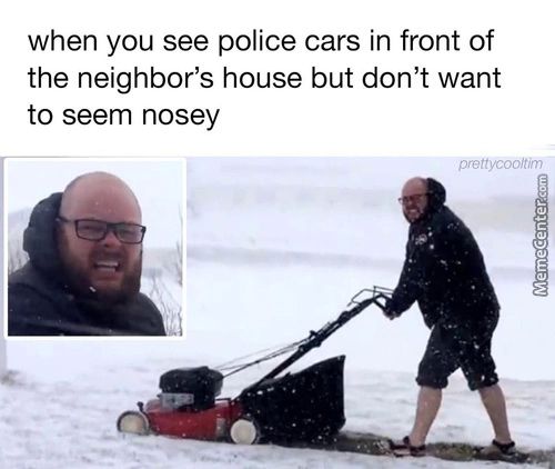 When You See Police Cars In Front Of
The Neighbor's House But Don't Want
To Seem Nosey
Prettycoo/tim
