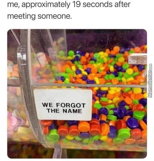 Me, Approximately 19 Seconds After
Meeting Someone.
WE FORGOT
THE NAME
