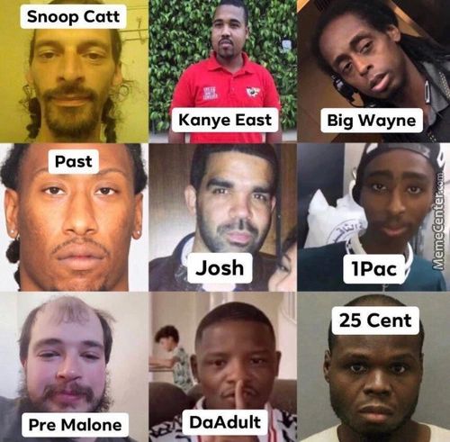 Snoop Catt
5
Past
Pre Malone
Kanye East
Josh
DaAduIt
Big Wayne
IPac
25 Cent
