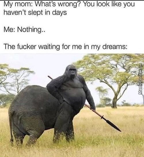 My Mom: At's Wrong? You 00k Ike You
Haven't Slept In Days
Me: Nothing..
The Fucker Waiting For Me In My Dreams:
