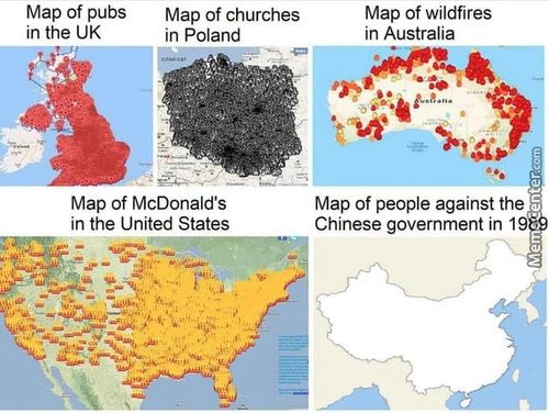 Map Of Pubs
In The UK
Map Of Churches
In Poland
Map Of McDonald's
In The United States
Map Of Wildfires
In Australia
Map Of People Against The
Chinese Government In 1
