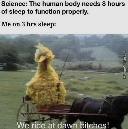 Science: The Human Body Needs 8 Hours
Of Sleep To Function Properly.
Me On 3 Hrs Sleep:
We Tide=at Da
