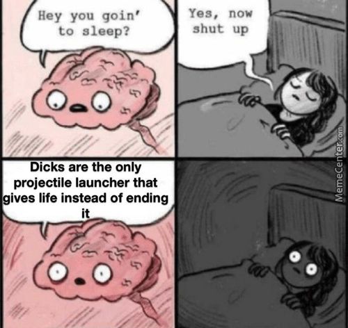 Hey You Goin'
To Sleep?
Dicks Are The Only
Projectile Launcher That
Ives Life Instead Of Ending
Yes, Nov
Shut Up
