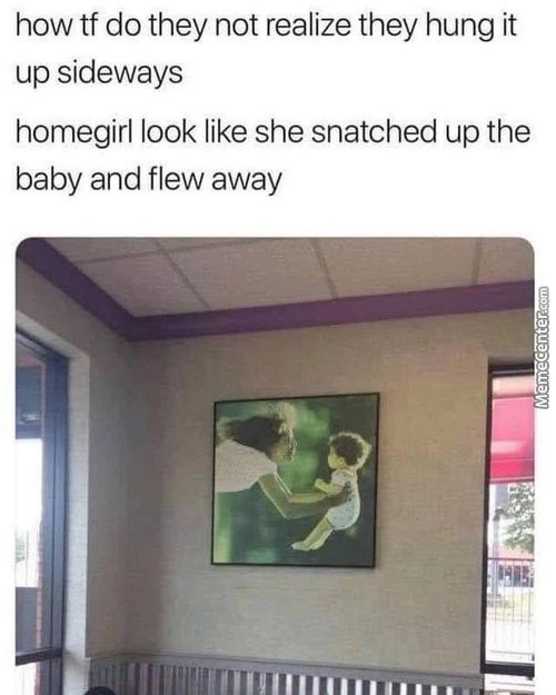 How Tf Do They Not Realize They Hung It
Up Sideways
Homegirl Look Like She Snatched Up The
Baby And Flew Away
