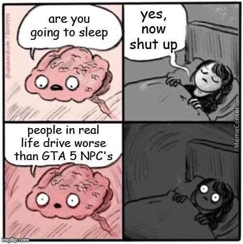 Are You
Going To Sleep
People In Real
Life Drive Worse
Than GTA 5 NPC's
Ti Com
Yes,
Now
Shut Up
