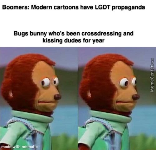 Boomers: Modern Cartoons Have LGDT Propaganda
Bugs Bunny Who's Been Crossdressing And
Kissing Dudes For Year
Mad With:me
