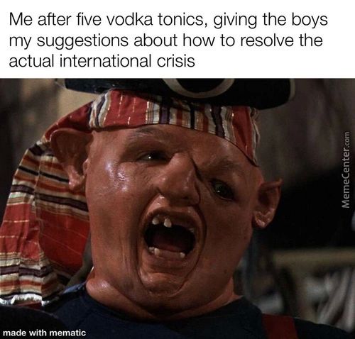 Me After Five Vodka Tonics, Giving The Boys
My Suggestions About How To Resolve The
Actual International Crisis
Made With Metnatic
