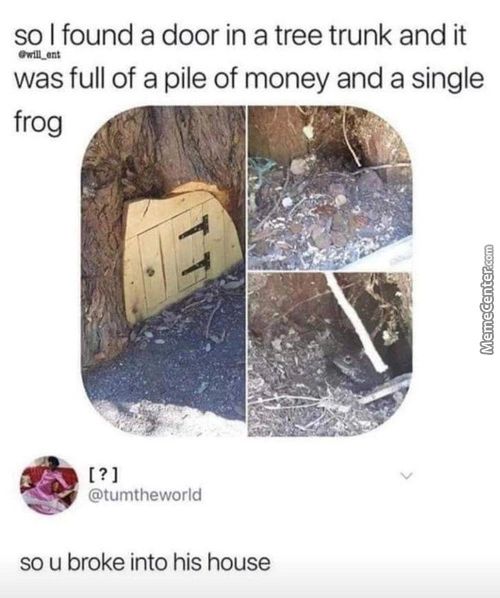 So I Found A Door In A Tree Trunk And It
Was Full Of A Pile Of Money And A Single
Frog
@tumtheworld
So U Broke Into His House
