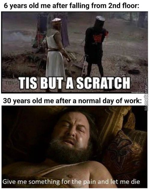 6 Years Old Me After Falling From 2nd Floor:
—TIS BUT A SCRATCH
30 Years Old Me After A Normal Day Of Work:
Give Me Something For The In An T Me Die
