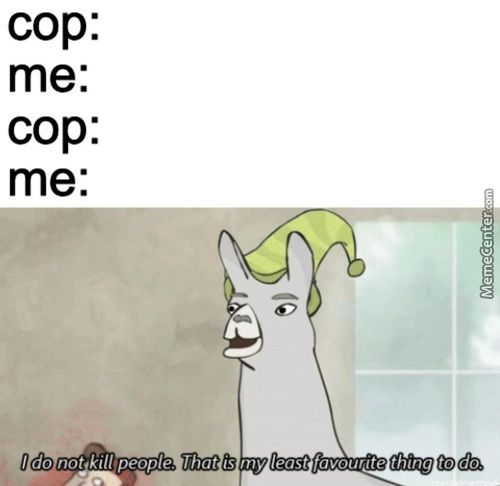 Cop:
Me:
Cop:
Me:
Do Not Kill People. Ihat
