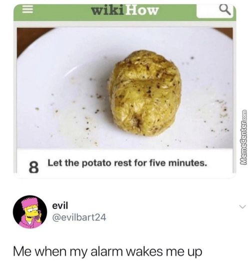 Ow
Let The Potato Rest For Five Minutes.
Evil
@eviIbart24
Me When My Alarm Wakes Me Up
