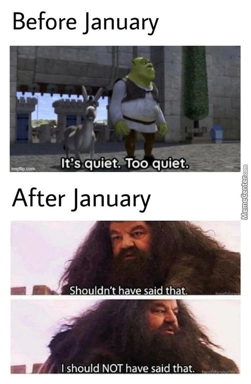 Before January
-It's Quiet. Too Quiet.
After January
Shouldn' H V
I That.
I Should NOT Have Said That.
