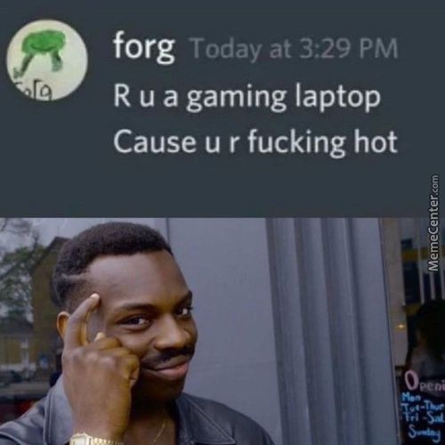 Forg
Today At 3:29 PM
R U A Gaming Laptop
Cause U R Fucking Hot
