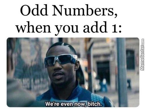 Odd Numbers,
When You Add 1:
We're Even Now, Bitéh':
