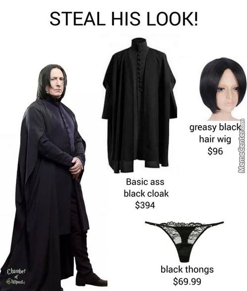 Chan*er
STEAL HIS LOOK!
Greasy Blac
Hair Wig
$96
Basic Ass
Black Cloak
$394
Black Thongs
$69.99
