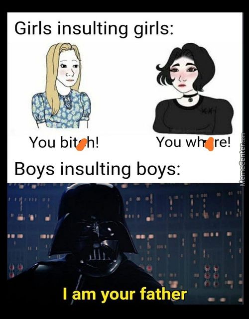 Girls Insulting Girls:
You Bitoh!
You Wlve!
Boys Insulting Boys:
I Am Your Father
