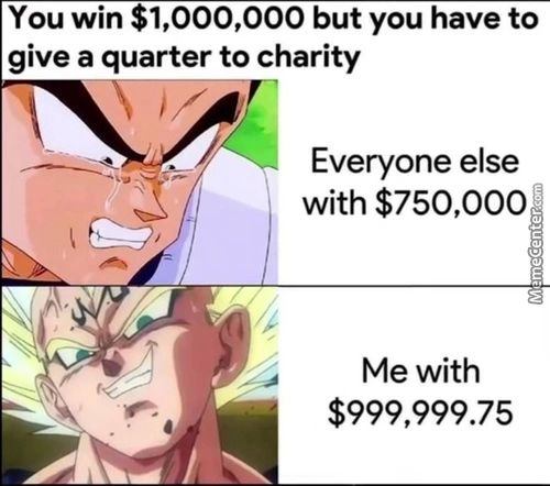 You Win $1,000,000 But You Have To
Give A Quarter To Charity
Everyone Else
With $750,000
Me With
$999,999.75
