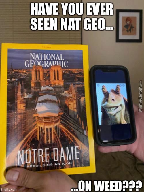 HAVE You EVER
SEEN NAT GEO...
-NATIONAL
GFOGR*PHIC
I..ON WEED???
